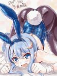  2017 all_fours animal_ears ass black_legwear blue_eyes blue_hair blue_leotard bunny_ears bunny_tail bunnysuit crescent crescent_hair_ornament dated hair_ornament kantai_collection leotard miuku_(marine_sapphire) pantyhose short_hair signature solo strapless strapless_leotard tail top-down_bottom-up twitter_username wrist_cuffs yayoi_(kantai_collection) zipper_pull_tab 