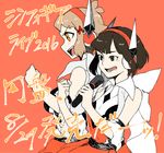  2girls bare_shoulders black_hair bow brown_eyes brown_hair clenched_hand hair_ornament hairclip headphones microphone multiple_girls music orange_(color) orange_background profile ramenko_(pasta_nya) seiyuu_connection senki_zesshou_symphogear singing symphogear_live tachibana_hibiki_(symphogear) translated yuuki_aoi 