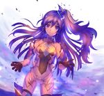  bad_id bad_pixiv_id bare_shoulders blue_eyes blue_hair elbow_gloves gloves hair_between_eyes hair_ornament highres kazanari_tsubasa leotard long_hair one_side_up purple_hair red_pupils saku_t senki_zesshou_symphogear solo thighhighs torn_clothes 