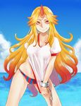  arm_at_side arm_behind_back ass_visible_through_thighs bare_arms bare_legs bikini bikini_bottom blonde_hair blue_sky bogyaku_no_m breasts chain cleavage closed_mouth cloud collarbone commentary_request cowboy_shot cuffs day gradient_hair hips horn hoshiguma_yuugi long_hair looking_at_viewer medium_breasts multicolored_hair ocean outdoors puffy_short_sleeves puffy_sleeves red_eyes red_hair shackles shirt shirt_tug short_sleeves sky smile solo standing striped striped_bikini summer swimsuit touhou two-tone_hair very_long_hair water 