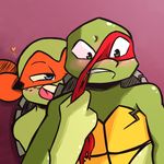  &lt;3 2017 anthro assisted_exposure bandanna blue_eyes blush chipped_shell clothing duo freckles gradient_background green_eyes inkyfrog male male/male mask michelangelo_(tmnt) open_mouth open_smile raphael_(tmnt) red_background reptile scalie shell simple_background smile teenage_mutant_ninja_turtles turtle undressing 