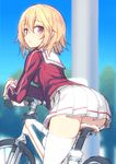  :&lt; ass bicycle blonde_hair blush commentary_request day eyebrows_visible_through_hair from_behind ground_vehicle hair_between_eyes highres hiraga_matsuri long_sleeves looking_at_viewer looking_back original outdoors pink_eyes pleated_skirt pole red_shirt riding school_uniform serafuku shirt sketch skirt sky solo thighhighs white_legwear white_skirt 