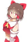  akabeco belly blush bow breasts brown_hair cleavage closed_mouth collarbone cookie_(touhou) detached_sleeves eyebrows_visible_through_hair hair_bow hair_tubes hakurei_reimu highres large_breasts looking_at_viewer navel plump red_bow red_eyes reu smile solo touhou 