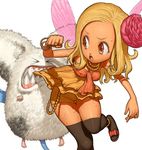  &gt;_&lt; blonde_hair boyshorts bracelet breasts brown_eyes cameltoe closed_eyes covered_nipples dark_skin dragon_quest dragon_quest_ix fairy jewelry maagori medium_breasts necklace open_mouth ring sandy_(dq9) see-through simple_background sweat teeth thighhighs white_background wings 