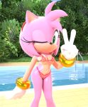  2019 3d_(artwork) 5_fingers amy_rose anthro bikini biped breasts clothed clothing digital_media_(artwork) eulipotyphlan eyelashes female female_focus fingers fur gloves green_eyes hair hairband hedgehog hi_res hibiscus_tea mammal medium_breasts one_eye_closed smile solo sonic_(series) standing swimming_pool swimsuit translucent transparent_clothing v_sign video_games water wink 