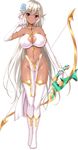  armlet bangs blush boots bow_(weapon) breasts choker cleavage cleavage_cutout closed_mouth covered_nipples dark_elf dark_skin derauea elbow_gloves elf eyebrows_visible_through_hair flower full_body gloves gold_trim grey_hair hair_flower hair_ornament highres huge_breasts loincloth long_hair looking_at_viewer motto!_haramase!_honoo_no_oppai_isekai_ero_mahou_gakuen! naomin_iva_lucille navel no_panties pelvic_curtain pink_eyes pointy_ears revealing_clothes shiny shiny_skin side_slit smile solo standing thigh_boots thighhighs transparent_background very_long_hair weapon white_footwear white_gloves white_legwear 