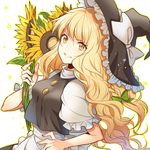  apron bangs black_hat blonde_hair bow braid flower green_bow grin hair_bow harano_(aptamer) hat hat_bow holding holding_flower kirisame_marisa long_hair looking_at_viewer puffy_short_sleeves puffy_sleeves short_sleeves single_braid smile solo sunflower touhou upper_body very_long_hair vest waist_apron wavy_hair white_bow witch_hat yellow_eyes 
