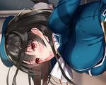  arm_support bangs beret black_gloves black_hair blue_hat blue_jacket blush breasts close-up gloves hanging_breasts hat hayakawa_akari indoors jacket kantai_collection large_breasts leaning_forward long_sleeves looking_down parted_lips red_eyes sexually_suggestive shiny shiny_hair short_hair solo takao_(kantai_collection) 