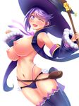  bag bare_shoulders bikini bikini_warriors black_bikini breasts cape detached_sleeves hat highres large_breasts lavender_hair looking_at_viewer mage_(bikini_warriors) navel nipples one_eye_closed open_mouth pouch purple_eyes short_hair solo staff star stir255 swimsuit thighhighs underboob witch_hat 