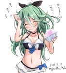  bikini blush brain_freeze breasts cleavage closed_eyes collarbone commentary_request dated food giraffe_(ilconte) green_hair hair_between_eyes ice_cream kantai_collection long_hair medium_breasts simple_background solo spoon_in_mouth swimsuit translated twitter_username white_background yamakaze_(kantai_collection) 