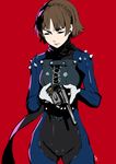  bangs black_scarf bodysuit braid breasts brown_hair closed_eyes closed_mouth commentary crown_braid gloves gun handgun highres holding holding_gun holding_weapon legs_apart medium_breasts nanaya_(daaijianglin) niijima_makoto persona persona_5 red_background reloading revolver scarf shiny shiny_clothes short_hair simple_background solo spikes standing weapon white_gloves 