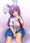 animal_ears between_breasts blue_skirt blush bra bra_through_clothes breasts bunny_ears collared_shirt covered_nipples dress_shirt ishikei_(style) large_breasts long_hair looking_at_viewer miniskirt necktie necktie_between_breasts pink_bra pleated_skirt purple_hair red_eyes red_neckwear reisen_udongein_inaba see-through shirt sitting skirt solo touhou underwear wc3215410 wet wet_clothes white_shirt 