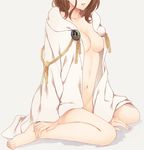  animal_print arm_up between_legs bird_print blue_background borrowed_garments breasts brown_hair cape cleavage collarbone female_saniwa_(touken_ranbu) fingernails hand_between_legs hand_on_ankle hand_on_own_leg hood hood_down long_hair medium_breasts naked_cape navel parted_lips pom_pom_(clothes) rio_(rio_01) saniwa_(touken_ranbu) simple_background sitting solo touken_ranbu wariza white_background 