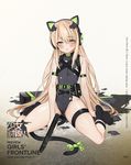  bangs black_legwear black_leotard blonde_hair blush breasts cat_ear_headphones cat_tail character_name copyright_name eyebrows_visible_through_hair girls_frontline green_eyes green_ribbon gun haijin half-closed_eyes headphones highres holding holding_gun holding_weapon leotard long_hair looking_down parted_lips ribbon sidelocks sitting small_breasts solo steyr_tmp submachine_gun tail tail_ribbon thigh_strap tmp_(girls_frontline) torn_clothes torn_leotard very_long_hair wariza weapon 