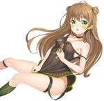  2drr bangs between_breasts breasts brown_hair camisole collarbone commentary double_bun eyebrows_visible_through_hair fishnet_legwear fishnets girls_frontline green_eyes green_nails highres holding kneehighs long_hair looking_at_viewer medium_breasts mismatched_legwear nail_polish open_mouth rfb_(girls_frontline) simple_background smile solo strap_slip striped striped_legwear stuffed_animal stuffed_toy thigh_strap white_background 