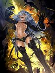  :d black_legwear breasts earrings fangs fur_trim gauntlets hair_over_one_eye jewelry long_hair looking_at_viewer medium_breasts open_mouth pixiv_fantasia pointy_ears shinazo shorts silver_hair smile solo teeth yellow_eyes 