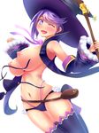  bag bare_shoulders bikini bikini_warriors black_bikini breasts cape detached_sleeves hat highres large_breasts lavender_hair looking_at_viewer mage_(bikini_warriors) navel nipples one_eye_closed open_mouth pouch purple_eyes short_hair solo staff star stir255 swimsuit thighhighs underboob wardrobe_malfunction witch_hat 