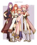  armor cape celica_(fire_emblem) cloak curly_hair fire_emblem fire_emblem_echoes:_mou_hitori_no_eiyuuou fire_emblem_heroes gloves highres jenny_(fire_emblem) kyou_(ningiou) looking_at_viewer mae_(fire_emblem) multiple_girls pink_hair purple_hair red_hair simple_background smile sonia_(fire_emblem_gaiden) thighhighs twintails 