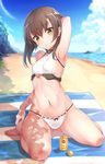  adapted_costume arm_up armpits ass_visible_through_thighs bare_legs barefoot beach bikini blue_sky breasts brown_hair cloud cloudy_sky day eyebrows_visible_through_hair full_body highres horizon kantai_collection konnyaku_(kk-monmon) looking_at_viewer lotion lotion_bottle navel outdoors ribbon-trimmed_bikini ribbon_trim short_hair sitting sky small_breasts solo sunscreen swimsuit taihou_(kantai_collection) wariza water yellow_eyes 