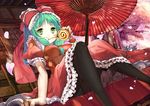  bangs black_legwear blunt_bangs breasts cake cherry_blossoms dress eating eyebrows_visible_through_hair food frilled_dress frills front_ponytail green_eyes green_hair hair_ribbon holding holding_food kagiyama_hina long_hair looking_at_viewer medium_breasts oriental_umbrella outdoors panties panties_under_pantyhose pantyhose pantyshot pantyshot_(sitting) puffy_short_sleeves puffy_sleeves red_dress red_ribbon ribbon short_sleeves sitting solo spirtie swiss_roll touhou tree umbrella underwear wrist_cuffs 