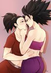 absurdres bare_shoulders black_eyes black_hair breasts caulifla chin_grab commentary crop_top dragon_ball dragon_ball_super earrings eye_contact eyelashes giulia_valeriani half-closed_eyes highres imminent_kiss jewelry kale_(dragon_ball) lips looking_at_another medium_breasts midriff multiple_girls ponytail single_hair_intake spiked_hair strapless tubetop yuri 