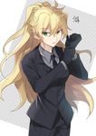  adjusting_clothes adjusting_gloves alicetaria_february artoria_pendragon_(all) bangs black_gloves black_neckwear black_pants black_suit blonde_hair braid commentary_request cosplay cowboy_shot eyebrows_visible_through_hair fate_(series) formal gloves green_eyes highres long_hair md5_mismatch necktie nikame pant_suit pants parted_lips ponytail re:creators saber solo standing suit very_long_hair 