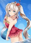  beach blue_eyes blush caster_(marie_antoinette) fate/grand_order grey_hair long_hair smile swimsuit twintails 
