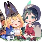  :d :o animal_ears backpack bag black_tank_top blonde_hair chibi commentary_request elbow_gloves gloves grass green_eyes green_hair hat hat_feather helmet highres kaban_(kemono_friends) kemono_friends lucky_beast_(kemono_friends) makuran multiple_girls off_shoulder open_mouth oversized_clothes pith_helmet print_gloves print_neckwear print_skirt red_shirt serval_(kemono_friends) serval_ears serval_print serval_tail shirt short_hair shorts sitting skirt smile tail tank_top tree_shade younger |d 