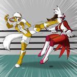  anthro athletic avian beak bird buckteeth chinchilla clothed clothing costume drawing-4ever duo feathers female fight footwear fur hair kick mammal mask motion_lines open_mouth phoenix rodent sport suit teeth wendel2 wrestling 