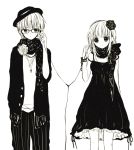  1boy 1girl adjusting_earphones anzu_(o6v6o) arm_at_side bangs bracelet corsage dress dual_persona earphones expressionless flower genderswap genderswap_(ftm) glasses gumi gumiya hair_flower hair_ornament hat high_contrast jacket jewelry light_frown monochrome pants pendant scarf shared_earphones shirt short_hair_with_long_locks simple_background strap_slip striped vertical-striped_pants vertical_stripes vocaloid white_background 