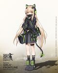  bangs black_gloves black_legwear blonde_hair blush cat_ear_headphones cat_tail closed_mouth copyright_name eyebrows_visible_through_hair full_body girls_frontline gloves green_eyes gun haijin half_gloves headphones highres holding holding_gun holding_weapon jacket long_hair official_art sidelocks solo standing steyr_tmp submachine_gun tail tmp_(girls_frontline) trigger_discipline very_long_hair weapon 