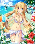  animal_ears blonde_hair blue_eyes blush breasts cleavage company_name cup dog_ears drinking_glass eyebrows_visible_through_hair falkyrie_no_monshou flower hair_flower hair_ornament heterochromia hibiscus holding holding_cup jewelry large_breasts long_hair looking_at_viewer natsumekinoko navel necklace official_art parted_lips plumeria red_eyes solo swimsuit twintails 