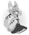  5_fingers anthro canine charmrage clothed clothing ear_piercing eyelashes female fox grey_hair greyscale hair mammal monochrome open_outh piercing simple_background smile solo teeth tongue 