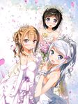  3girls :d absurdres bangs black_hair blue_eyes blush bouquet breasts bridal_veil cleavage dress dutch_angle earrings elbow_gloves flower from_side glint gloves hair_flower hair_ornament hand_to_own_mouth hashima_chihiro highres imouto_sae_ireba_ii jewelry kani_nayuta kantoku looking_at_viewer medium_breasts multiple_girls necklace open_mouth own_hands_together petals pink_dress pink_gloves ponytail scan shirakawa_miyako short_hair sidelocks silver_hair smile strapless strapless_dress swept_bangs tiara veil wedding_dress white_dress wrist_cuffs yellow_dress 