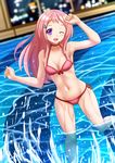 ;d aguri_(gamers!) bikini blurry blurry_background breasts commentary_request fang gamers! hair_ornament hairclip highres kazenokaze long_hair looking_at_viewer medium_breasts navel one_eye_closed open_mouth pink_bikini pink_hair pool purple_eyes side-tie_bikini smile solo splashing standing standing_on_one_leg swimsuit wading water water_drop 