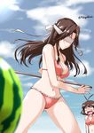  antenna_hair battoujutsu_stance bikini blindfold blurry brown_eyes cloud commentary_request cowboy_shot day depth_of_field fighting_stance food frilled_bikini frills front-tie_top fruit hair_intakes jintsuu_(kantai_collection) kantai_collection long_hair mikage_takashi multiple_girls naka_(kantai_collection) orange_bikini outdoors pose sky solo_focus stick suikawari surprised swimsuit twitter_username watermelon 