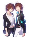  2boys ahoge amagase_touma armband belt black_jacket blackish_961sp bracelet brown_eyes brown_hair clenched_hand cropped_torso dual_persona idolmaster idolmaster_(classic) idolmaster_2 idolmaster_side-m jacket jewelry looking_at_viewer male_focus microphone multiple_boys necklace outline short_hair simple_background white_background 
