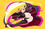  absurdres ass bardiche black_legwear black_leotard blonde_hair boots cape commentary_request eyebrows_visible_through_hair fate_testarossa from_behind full_body hair_ribbon highres leotard long_hair looking_at_viewer looking_back lyrical_nanoha magical_girl mahou_shoujo_lyrical_nanoha midair nekokan-nekokan open_mouth red_eyes ribbon scythe shiny shiny_hair shiny_skin solo thighhighs twintails very_long_hair weapon yellow_background 