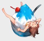  barefoot brain_freeze breasts brown_hair character_request cherry closed_eyes collarbone commentary copyright_request food fruit full_body grey_background hand_on_own_head in_food lee_hyeseung long_hair open_mouth shaved_ice simple_background small_breasts solo wavy_mouth 