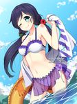  ;) artist_name bikini bikini_skirt blue_eyes blush breasts cleavage collarbone deviantart_username dutch_angle eyebrows_visible_through_hair flower hair_flower hair_ornament halterneck hey_xander highres holding holding_innertube holding_towel innertube large_breasts long_hair looking_at_viewer love_live! love_live!_school_idol_project low_twintails navel one_eye_closed purple_hair smile solo swimsuit toujou_nozomi towel twintails wading watermark web_address 
