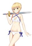  absurdres arm_at_side artoria_pendragon_(all) artoria_pendragon_(swimsuit_archer) bangs bare_arms bare_shoulders bikini blonde_hair blue_bow bow braid breasts collarbone cowboy_shot crossed_legs excalibur eyebrows_visible_through_hair fate/grand_order fate_(series) french_braid green_eyes groin halter_top halterneck hand_up highres holding holding_sword holding_weapon navel short_hair simple_background small_breasts smile solo standing stomach swimsuit sword unscpro weapon white_background white_bikini 