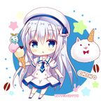  :o angora_rabbit animal artist_name bangs beret bitter_crown blue_eyes blue_footwear blue_neckwear blush bow bowtie bunny character_name chestnut_mouth chibi coffee_beans commentary_request dress eyebrows_visible_through_hair food full_body gochuumon_wa_usagi_desu_ka? hair_between_eyes hair_ornament hairclip hat holding holding_food ice_cream ice_cream_cone kafuu_chino kafuu_chino's_school_uniform light_blue_hair long_hair looking_at_viewer necktie open_mouth red_bow red_neckwear sailor_collar school_uniform shoes sidelocks standing star tippy_(gochiusa) two-tone_background very_long_hair white_dress white_hat white_legwear x_hair_ornament 