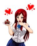  1girl blouse blush breasts brown_eyes cake erza_scarlet fairy_tail hearts large_breasts long_hair red_hair sbel02_(artist) skirt smile 