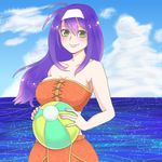  adapted_costume ball beachball breasts cloud collarbone crop_top day fire_emblem fire_emblem:_akatsuki_no_megami fire_emblem:_souen_no_kiseki green_eyes headband highres kanzaki_(pixiv3873890) long_hair midriff ocean smile solo swimsuit wayu_(fire_emblem) 