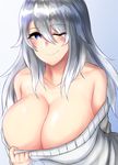  bare_shoulders blue_background blue_eyes breasts cleavage clothes_pull collarbone gradient gradient_background highres huge_breasts kuuki_(rakam) long_hair one_eye_closed original ribbed_sweater silver_hair smile solo sweater sweater_pull upper_body white_background 