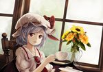  :o bat_wings blue_hair brooch chair commentary cup eyebrows_visible_through_hair flower hat hat_ribbon indoors jewelry looking_at_viewer mob_cap open_mouth puffy_short_sleeves puffy_sleeves red_eyes red_ribbon remilia_scarlet ribbon short_hair short_sleeves solo sunflower teacup touhou vase window wings yukitourou 