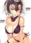  ?? arm_strap arms_at_sides artist_name bangs bare_shoulders black_bra black_panties blush bow bow_bra bra breasts chain cleavage commentary confused confused_nick_young cowboy_shot detached_collar eyebrows_visible_through_hair fang fate/grand_order fate_(series) front-tie_top frown_(wonderland85711) green_eyes grey_hair jeanne_d'arc_(alter)_(fate) jeanne_d'arc_(fate)_(all) jewelry large_breasts legs_apart looking_at_viewer meme messy_hair navel necklace open_mouth panties short_hair side-tie_panties simple_background skindentation solo strap_slip teeth thigh_strap underwear underwear_only wardrobe_malfunction white_background 