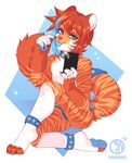  2017 4_toes 5_figners anthro blue_eyes blue_tongue charmrage eyelashes feline fur hair male mammal orange_fur orange_hair simple_background solo tiger toes 