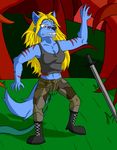  aries_passadar blonde_hair boots canine claws clothing footwear forest grass hair magic mammal melee_weapon pants plant scar shirt sword tank_top teeth tree unknown_artist vines weapon wolf 