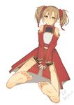  1girl bare_shoulders barefoot brown_hair feet long_hair looking_at_viewer nail_polish red_eyes silica sitting smile soles sword_art_online toes twintails 
